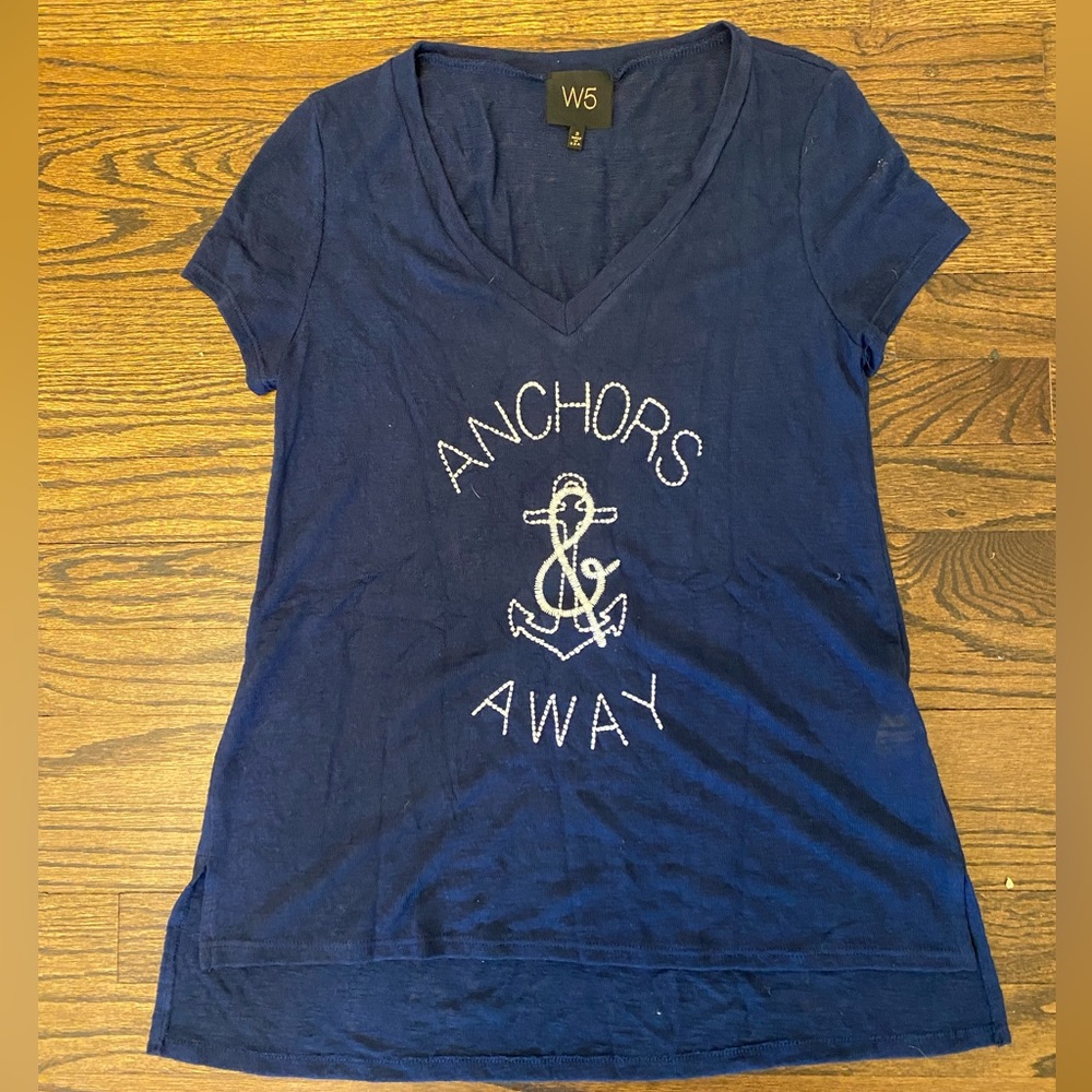 Embroidered “Anchors Away” v-neck T-shirt